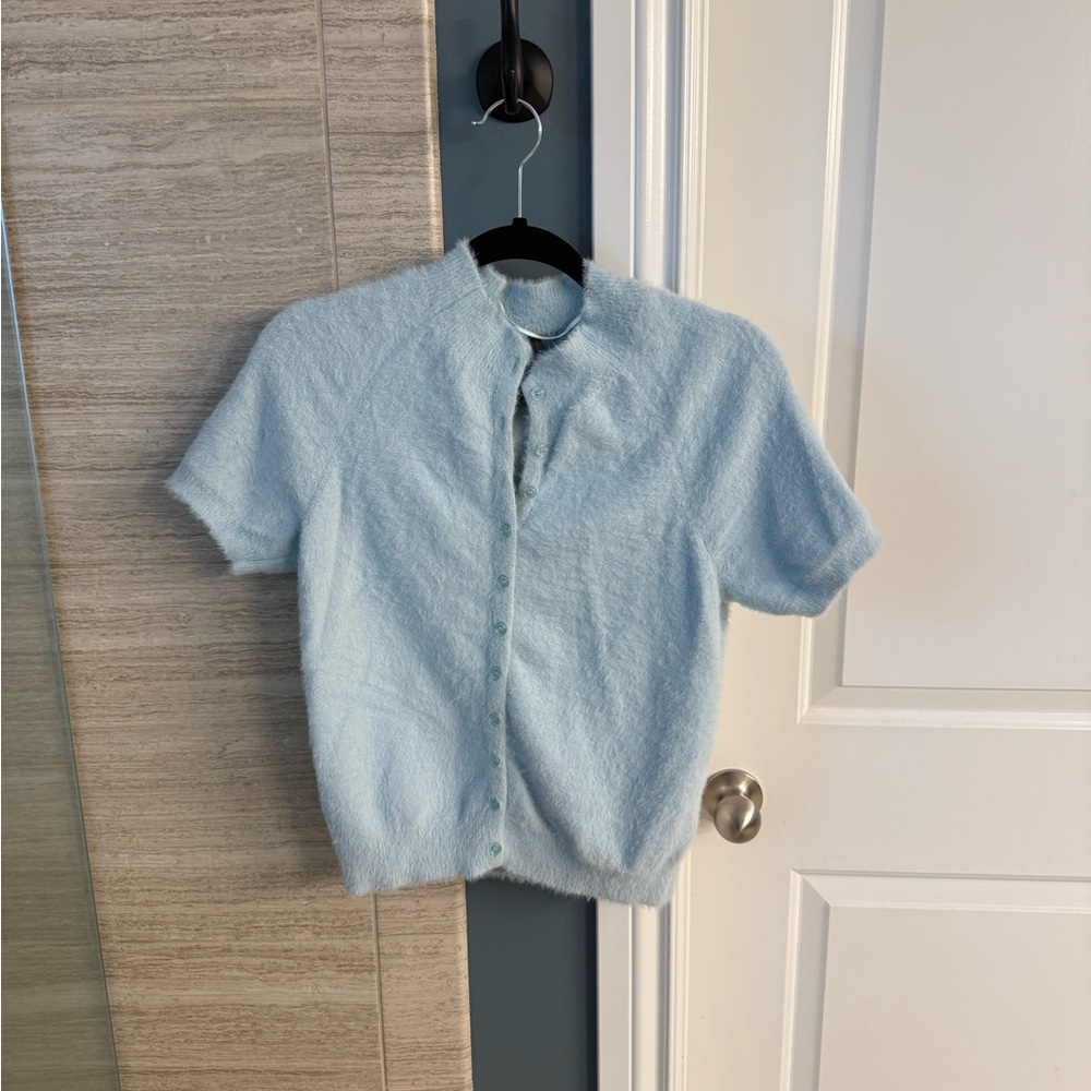 Anthropologie short sleeve light blue eyelash cardigan - Picture 2 of 4